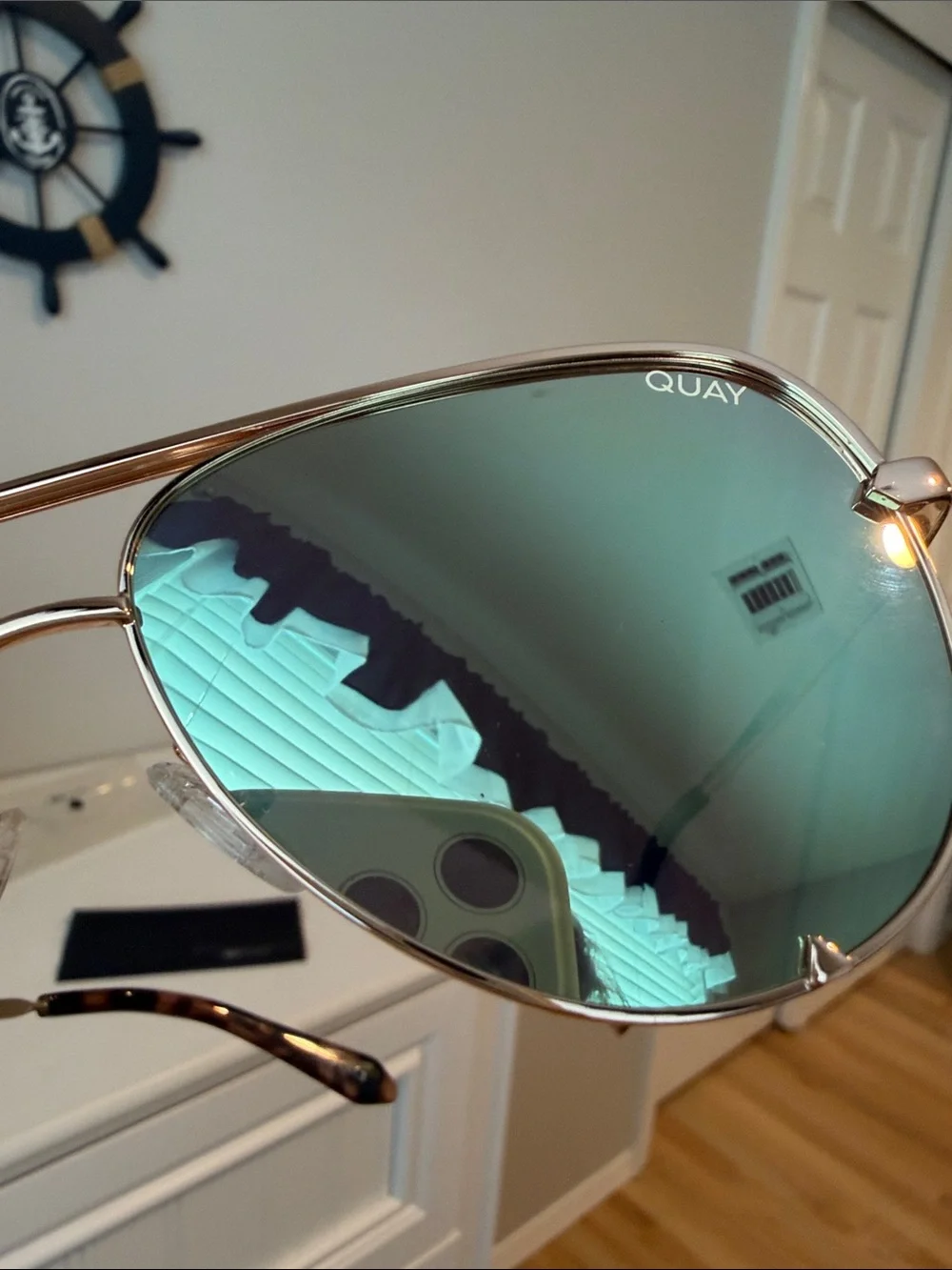 Quay Australia Aviator Sunglasses with Green Mirrored Lenses and Gold Frame